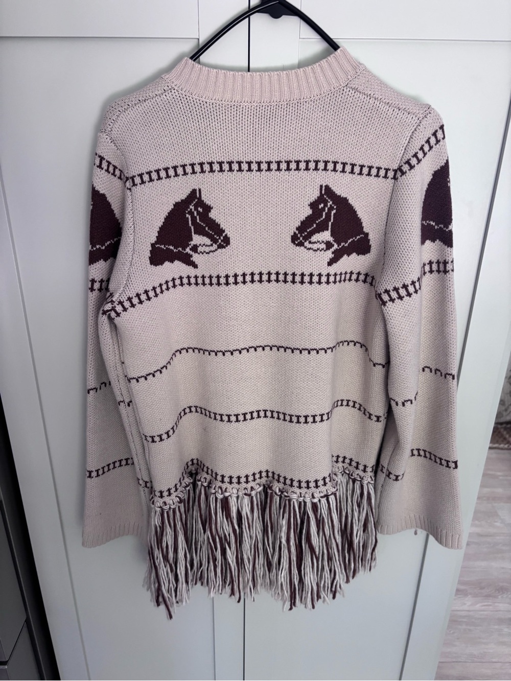 Commense Cream and Brown Horse Motif Fringe Cardigan - Picture 3 of 3